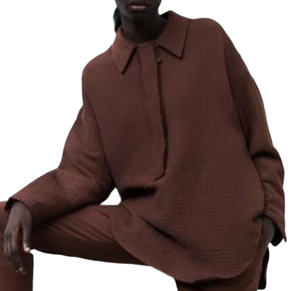 Zara L Womens Chocolate Brown Textured Oversized Button Front Crinkle Shirt